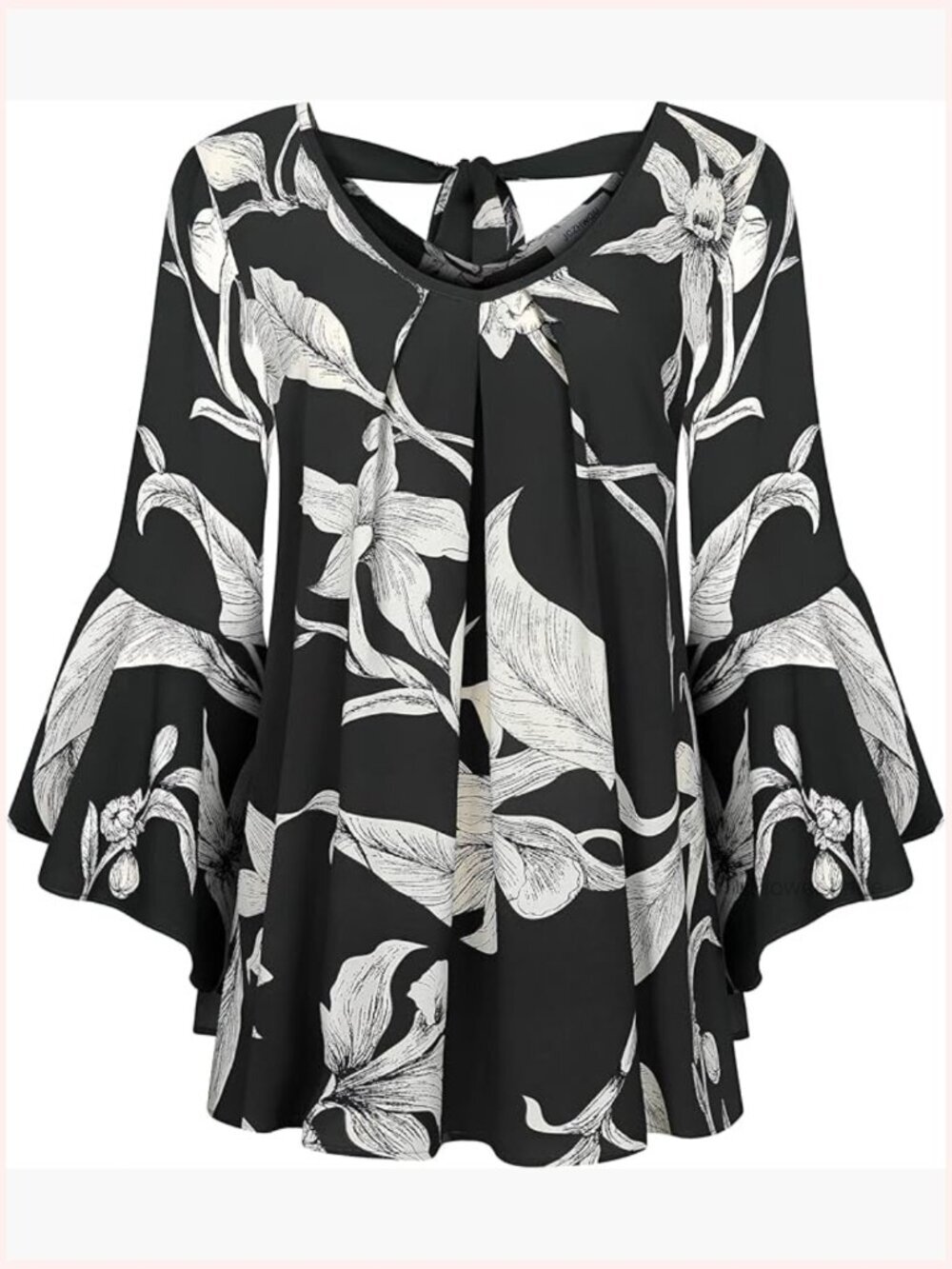 V Neck 3/4 Bell Sleeve Pleated Chiffon Blouse Tunic
